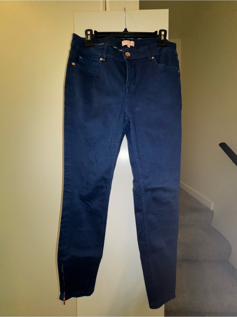 Ted Baker London Women's Deep Blue Slim Fit Jeans with Ankle Zips and Rose Gold
